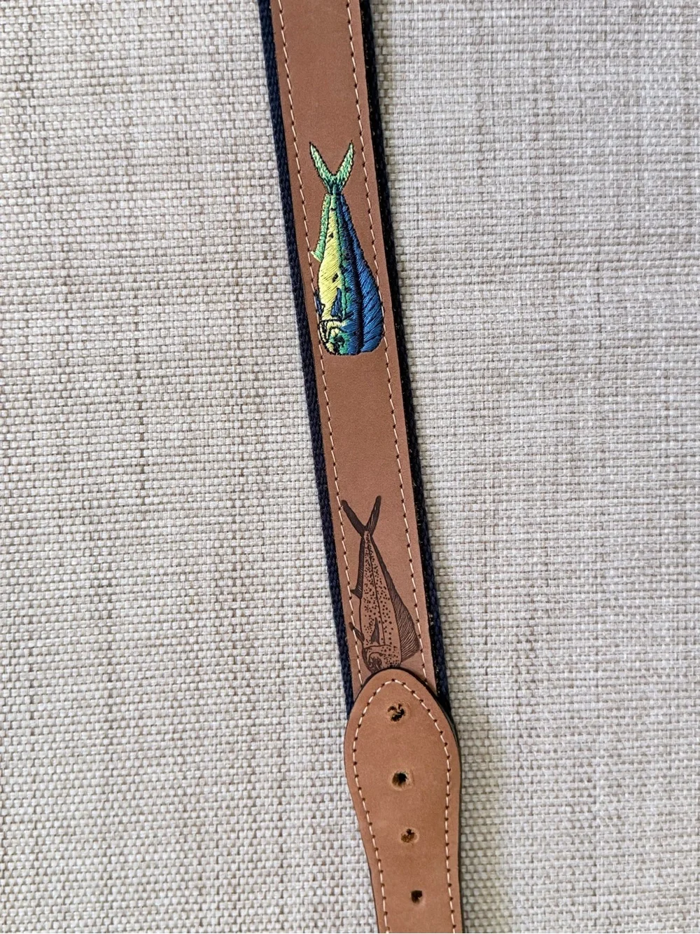 West Marine Men's Embroidered Dolphin Fish Belt Brass USA Made Size 42 Altered